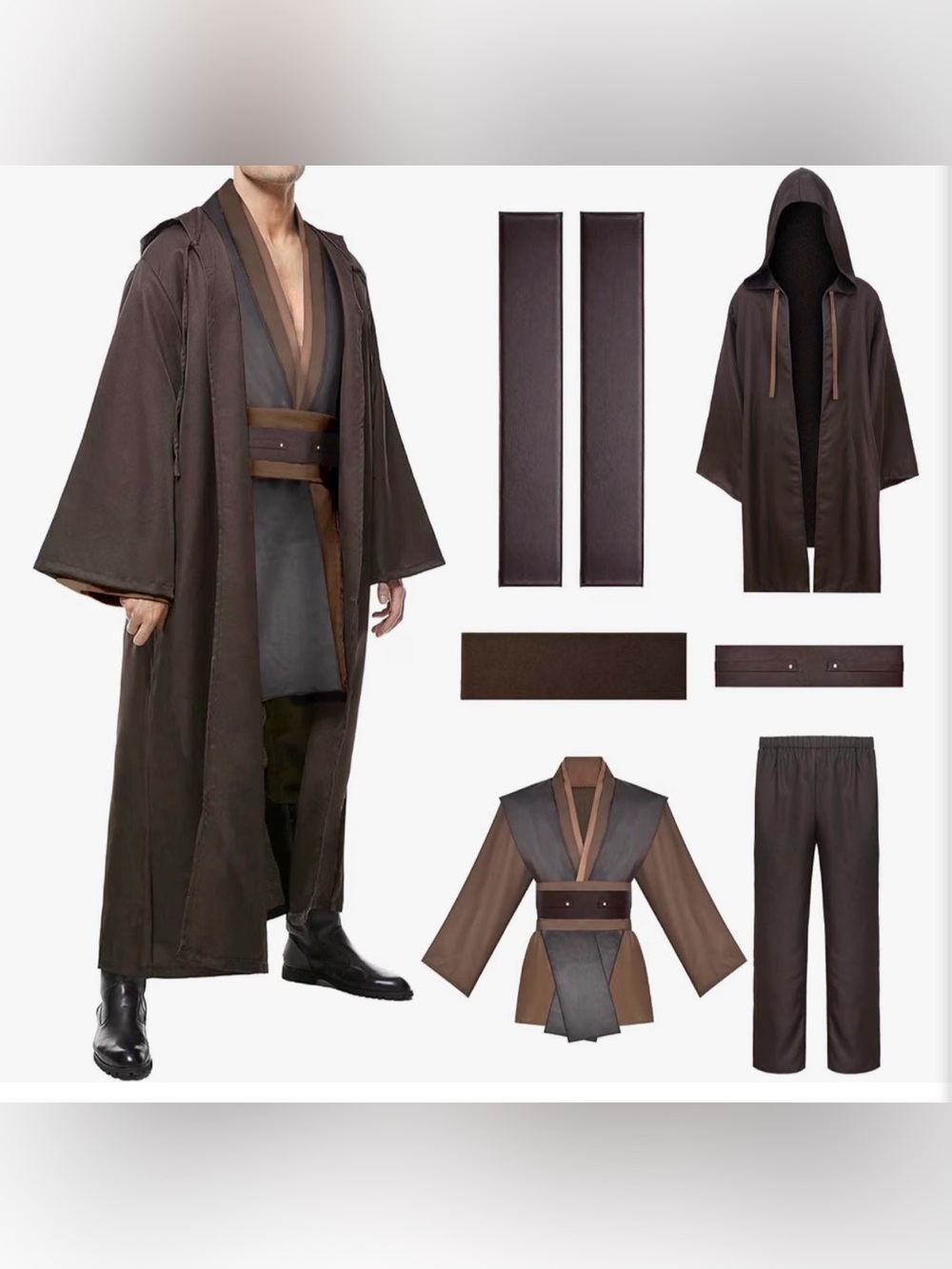 Men's Dark Brown Hooded Trench Coat with Tunic Set Costume NEW LARGE